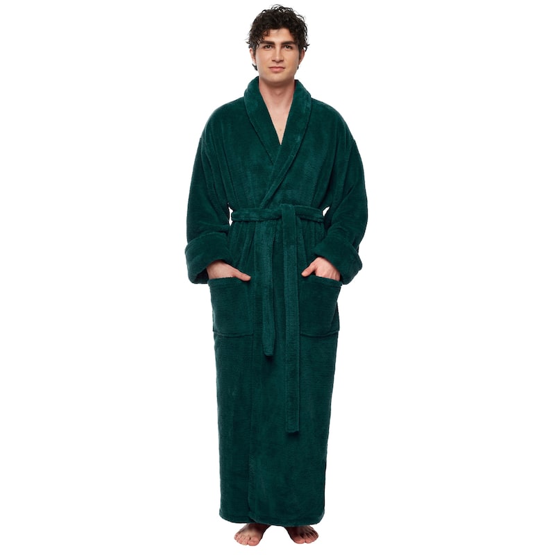 Men's Shawl Collar Premium Fleece with Full Ankle Length Bathrobe - L-XL Ankle Length - Dark Green