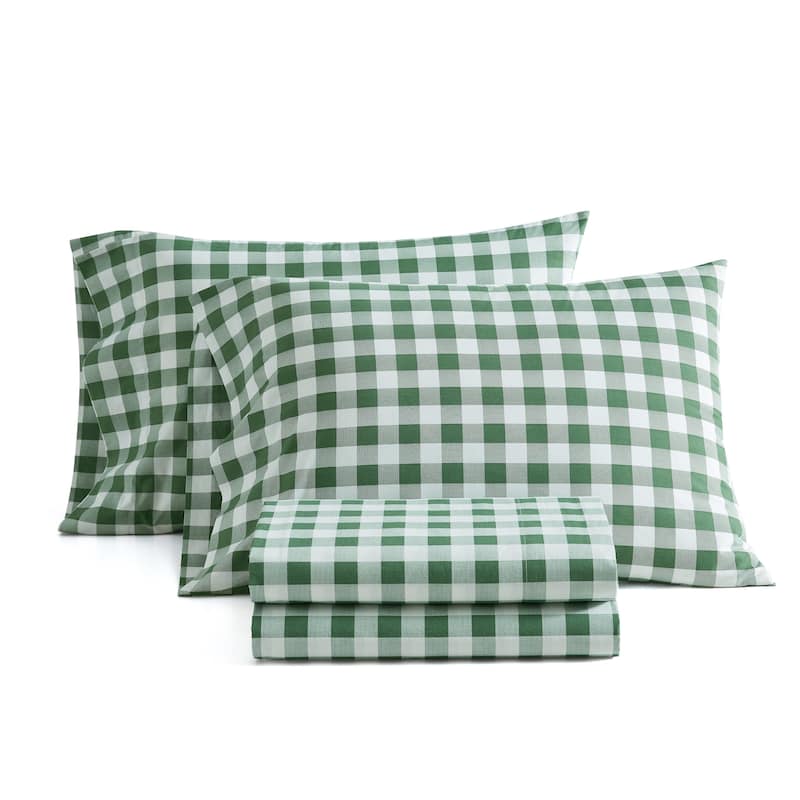 Martha Stewart Printed Cotton Percale Sheet Set - Madison Gingham Green - Queen