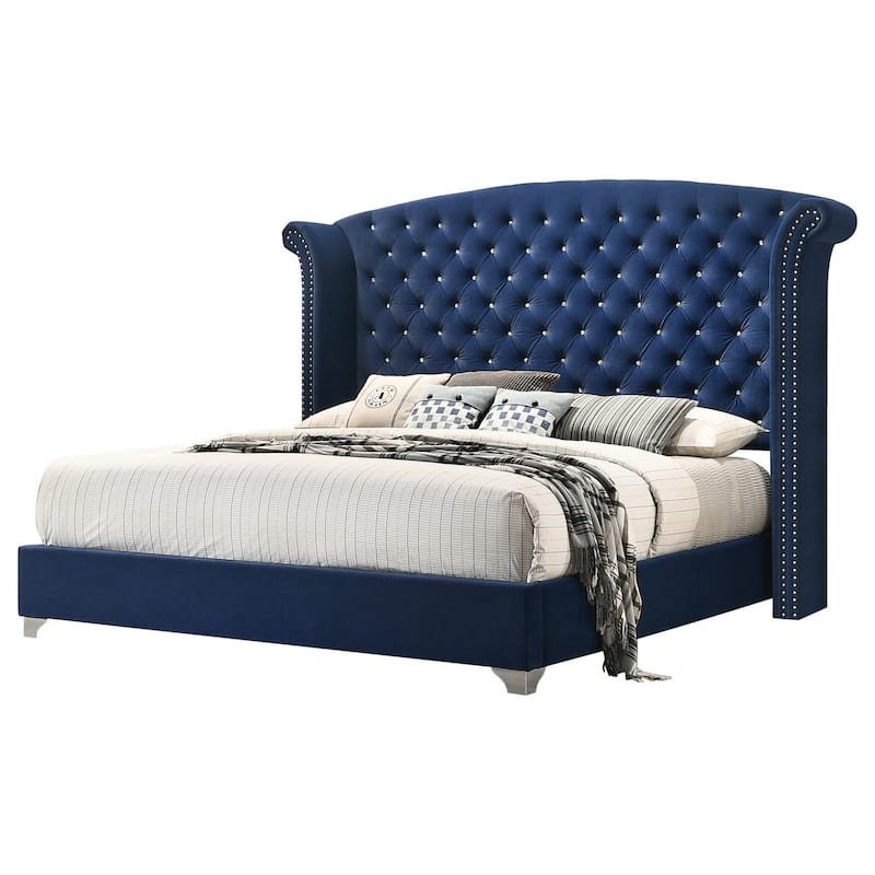 Giya Wingback Queen Bed, Tufted Headboard, Pacific Blue Velvet Upholstery