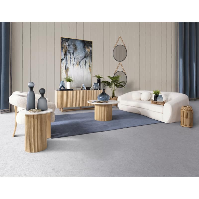 Sagebrook Home Mango Wood & Marble Accent Table with Reeded Base, MDF Support, and Contemporary Cylinder Design