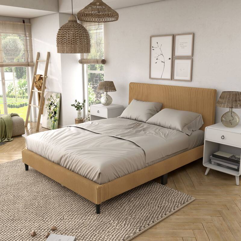 Furniture of America Modern Corduroy Queen Size Platform Bed, No Box Spring Needed