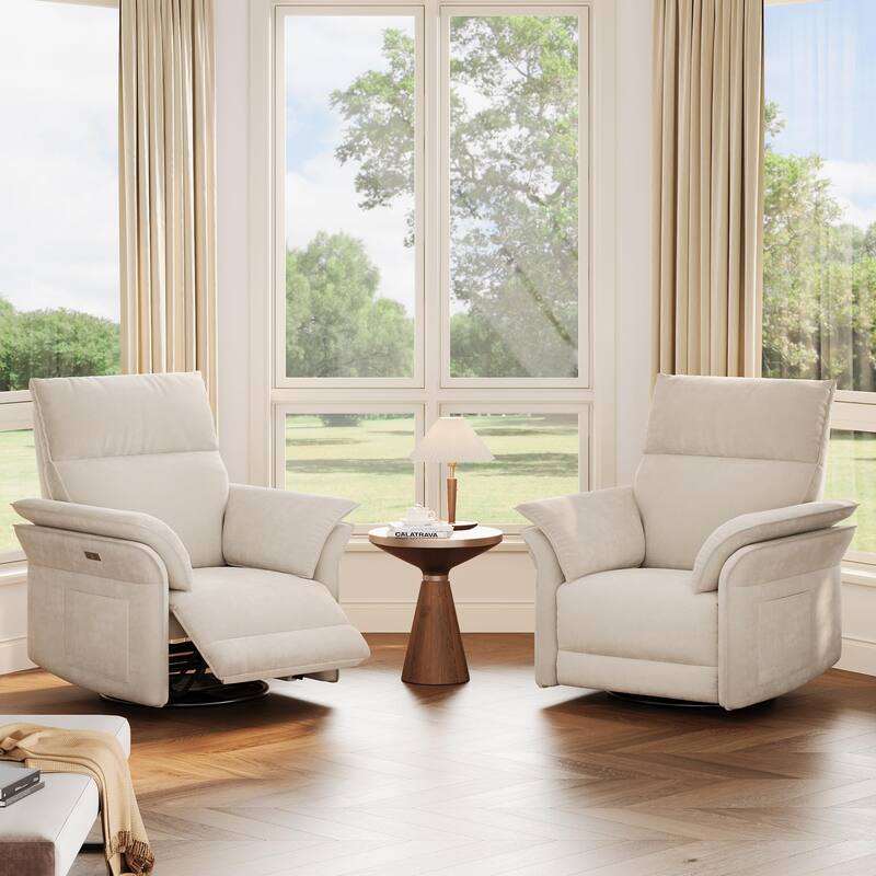 Power Recliner Chair Swivel Glider, Upholstered Faux Leather Nursery Reclining Sofa Chair with Charging Port