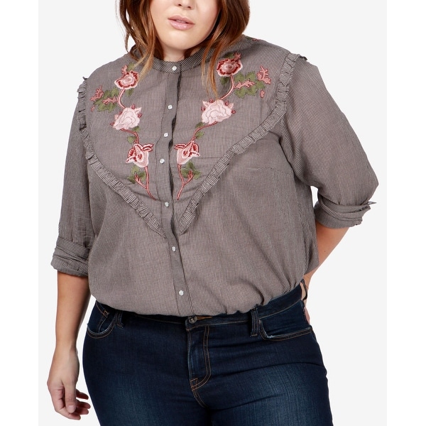 Lucky Brand Black Women's 1X Plus Embroidered Button Down Shirt