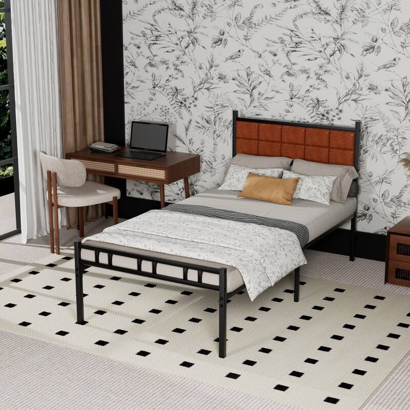 Javlergo Metal Bed Frame with PU Upholstered Headboard, No Box Spring Needed