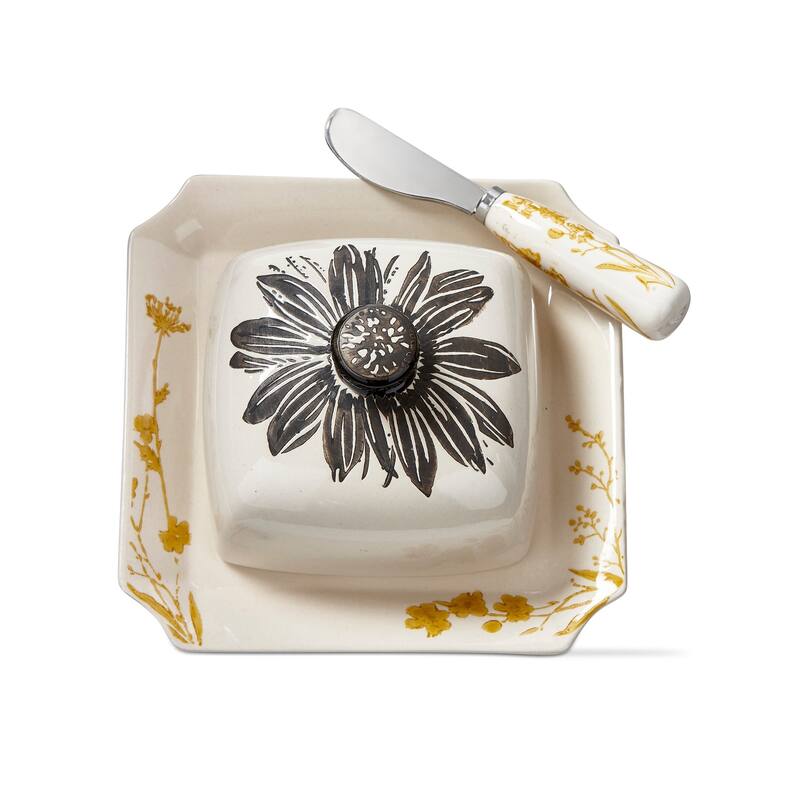 Let It Bee Sunflower Stoneware Butter Dish with Lid and Spreader, 6.6"L x 6.6"W x 4.85"H - Beige