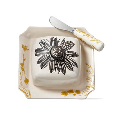 Let It Bee Sunflower Stoneware Butter Dish with Lid and Spreader, 6.6"L x 6.6"W x 4.85"H - Beige