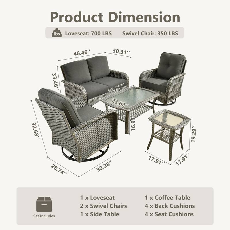 OVIOS 5 Piece Outdoor Wicker Loveseat Rocking Chair Set