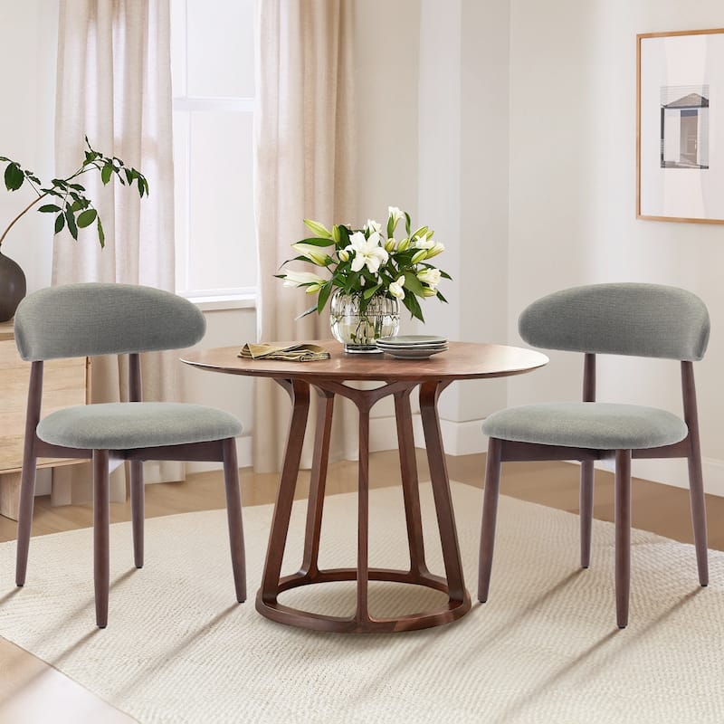 Set of 2 Wooden Dining Chairs, Fabric Upholstered, Beige