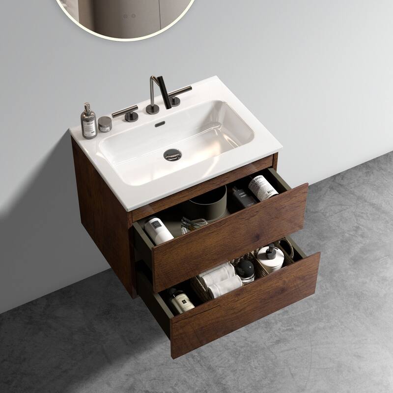 36-Inch Wall Mount Bathroom Vanity in Space Grey with Ceramic Sink, Large Storage