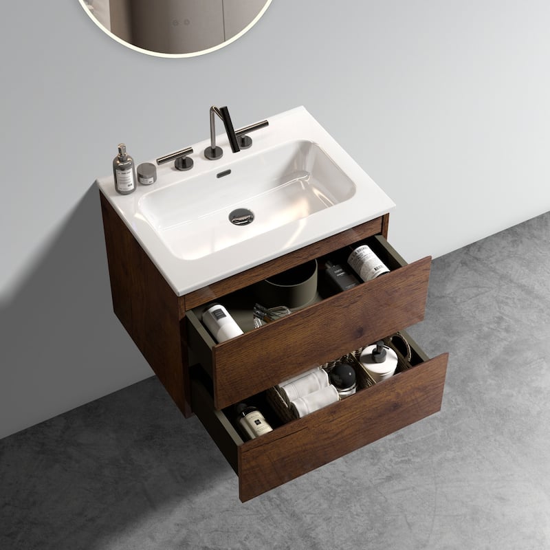 Wall Mount 24"Bathroom Vanity with Ceramic Sink with three faucet holes,Large Storage Floating Bathroom Vanity for Bathroom