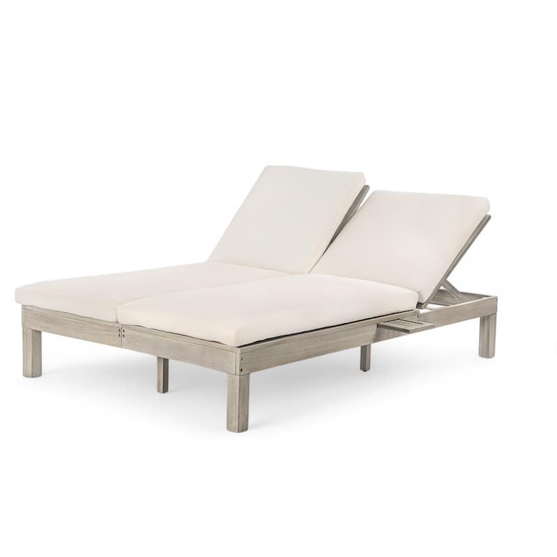 Outdoor Patio Acacia Wood Double Daybed Sunbed with Adjustable Backrest and Folding Side Trays