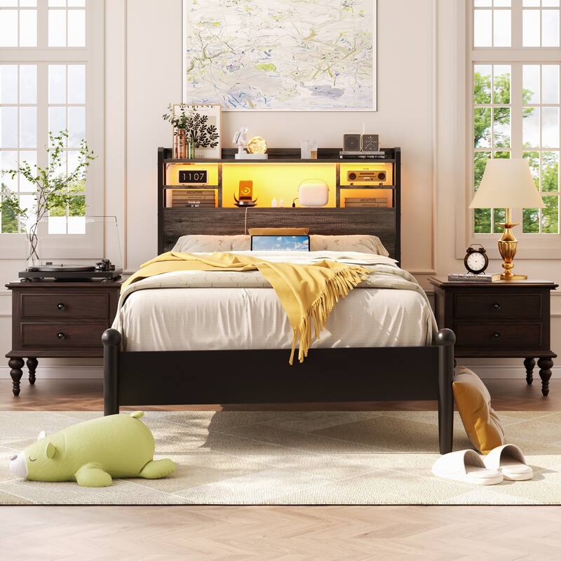 Storage Headboard with USB Port and Power Outlet, Head Board with LED Light for Bed Frame