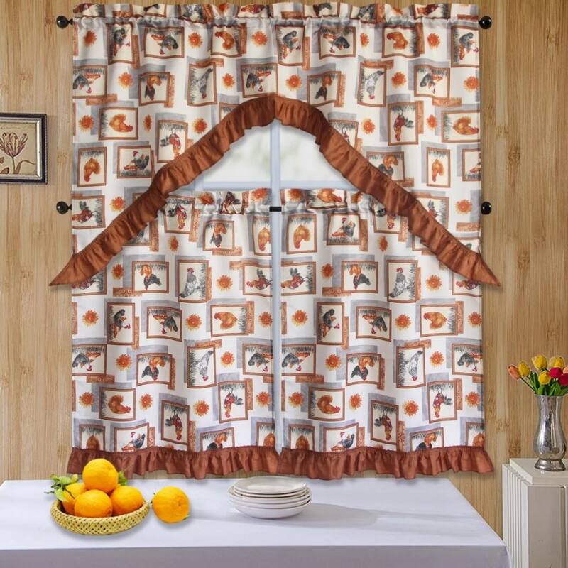 3 Piece Kitchen Curtain Rod Pocket Decorative Window Treatment Valance & Swag Curtain Set