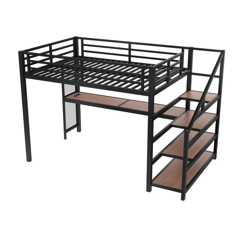 Full Loft Bed with Desk and Storage Stairs, Metal Loft Beds with LED Lights, USB Ports, Multifunctional Iron Nets, Black