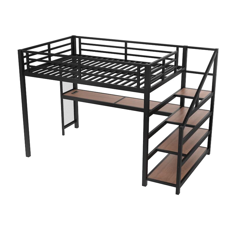 Full Loft Bed with Desk and Storage Stairs, Metal Loft Beds with LED Lights, USB Ports, Multifunctional Iron Nets