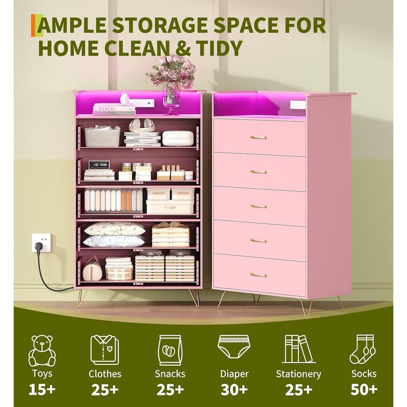 5-Drawer Dresser for Bedroom with Charging Station & RGB Lights
