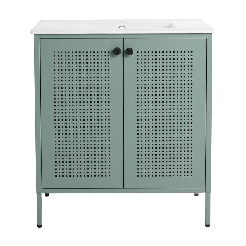 Bathroom Vanity with Ceramic Sink, Freestanding Bathroom Storage Cabinet, Bathroom Vanities with 2 Doors & Adjustable Shelves