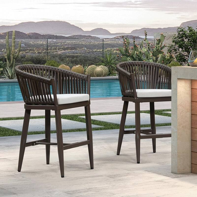 PURPLE LEAF Outdoor Bar Stools Set of 2 Patio Metal Modern Wicker Bar Chairs Woven Aluminum Barstools