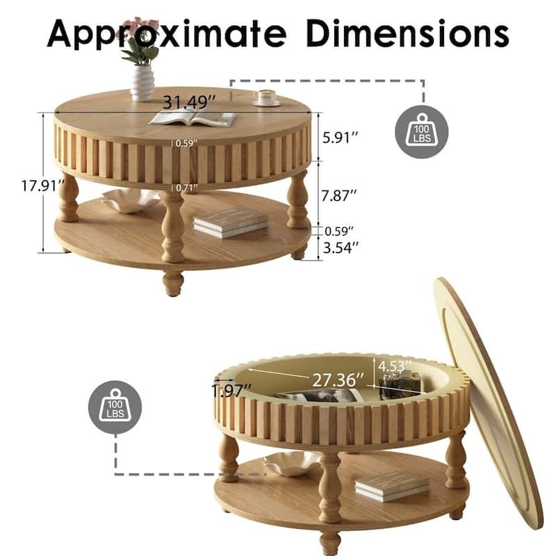 Farmhouse Fluted Coffee Table with Storage and Flip-Top Lids