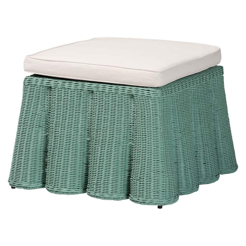 Palm Scallop Natural Rattan Ottoman with Cushion – Handwoven Wicker Accent Bench or Footrest for Living Room or Sunroom, Square