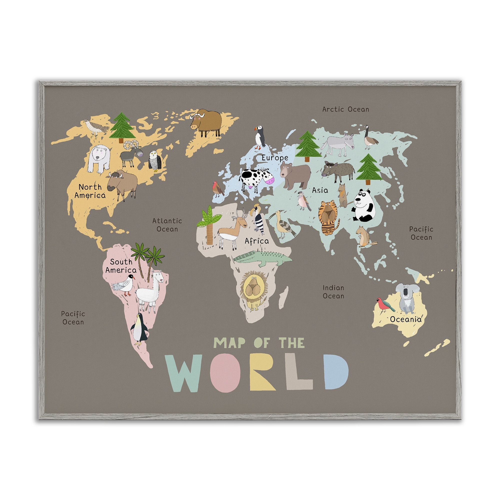 Stupell Kid's Map Of World Brown Framed Giclee Art Design By Carla Daly
