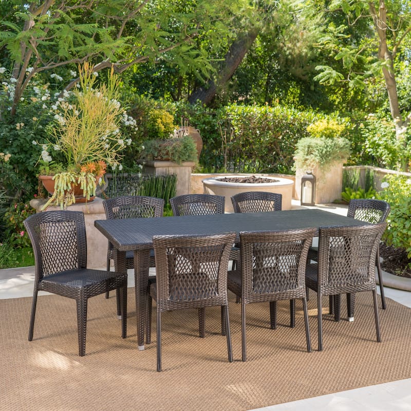 Landen Outdoor 9-Piece Rectangular Wicker Dining Set by Christopher Knight Home - Brown