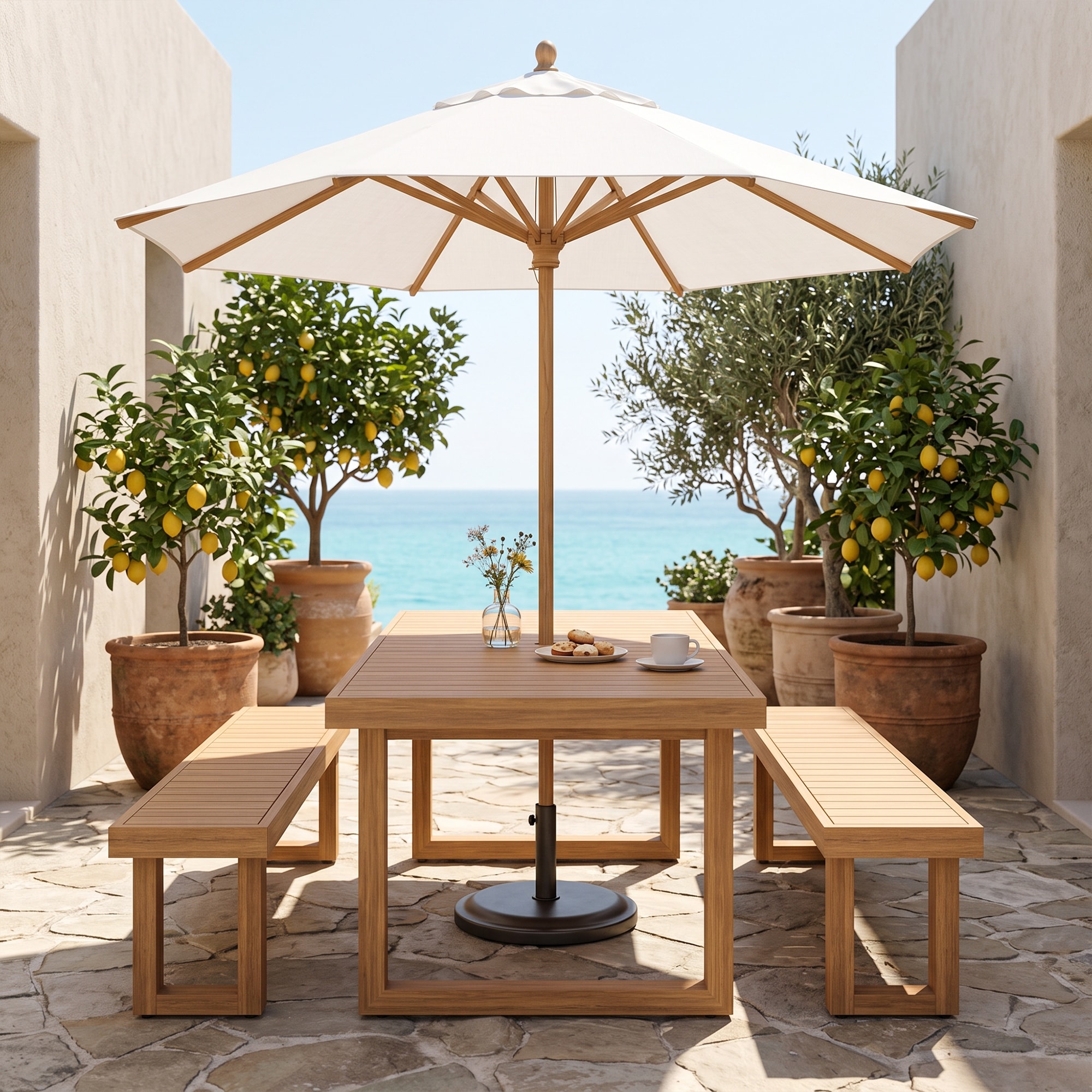 3-Piece Outdoor Dining Set Acacia Wood Picnic Table with Umbrella Hole and 2 Benches for 4-6 People