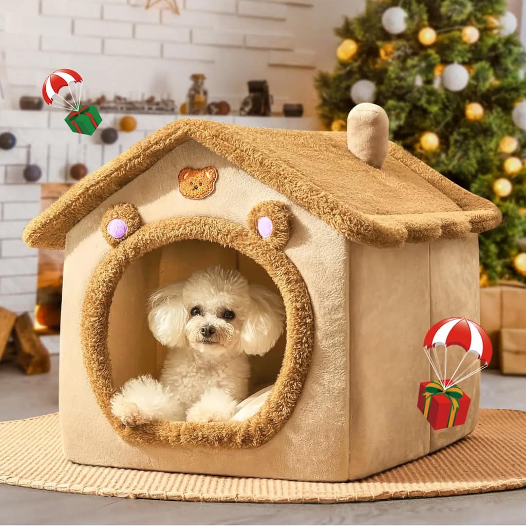 Dark Khaki Coral Fleece Pet Bed with Soft Removable Cushion Suitable for Small to Medium-Sized Pets