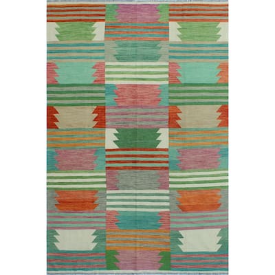 Modern Flatweave Dumaka Green/Ivory Rug - 6'7" x 9'9"