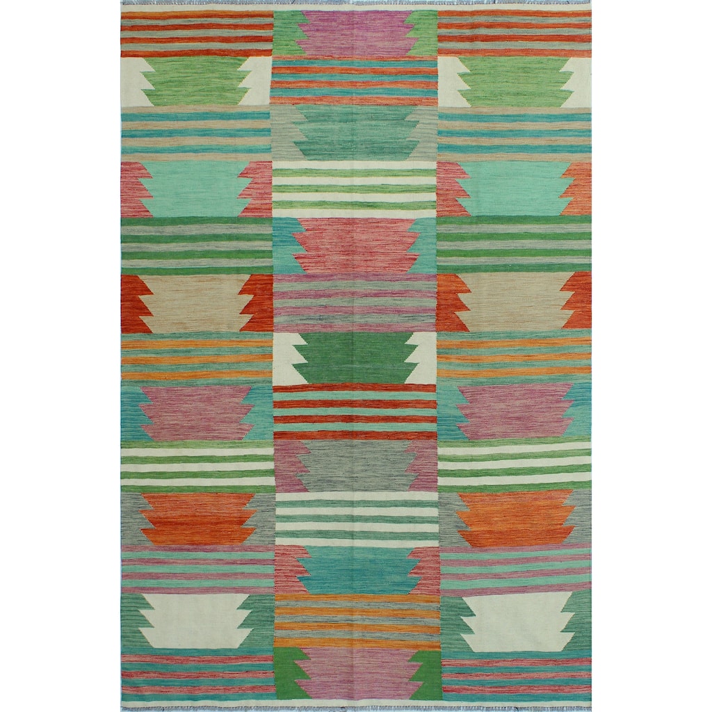 Modern Flatweave Dumaka Green/Ivory Rug - 6'7" x 9'9"