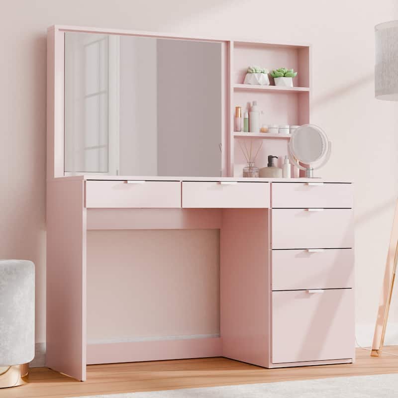Kappesberg Jade Vanity with Mirror – 6 Drawers and Open Niches - Pink