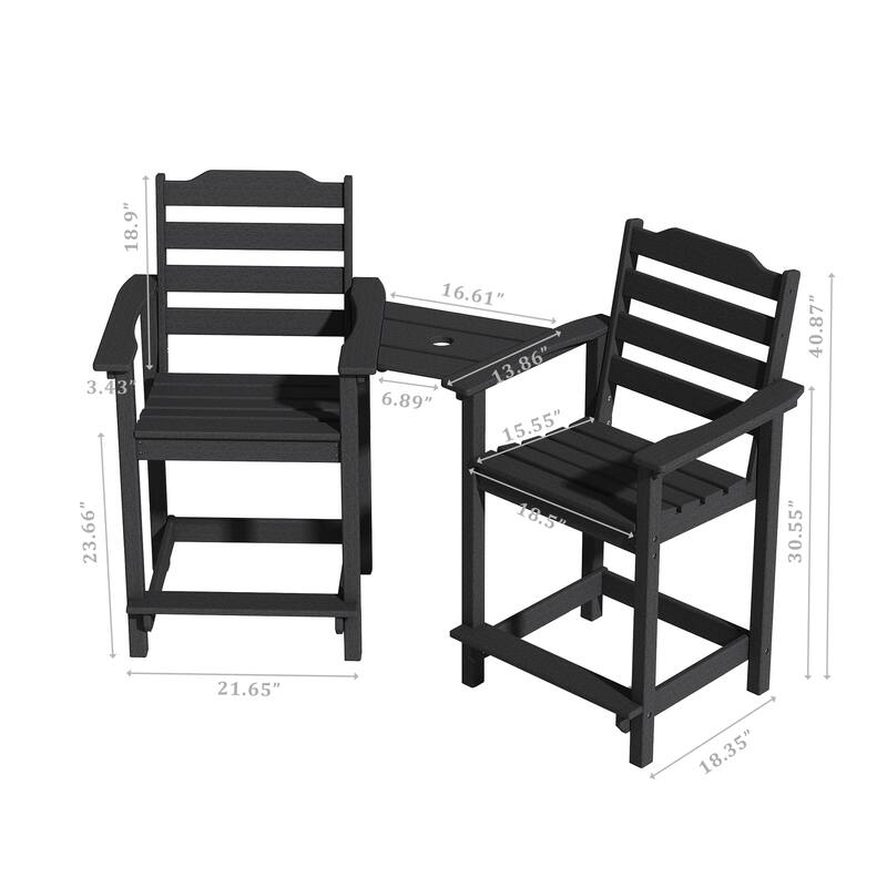 Adirondack Chairs Set of 2 with Connecting Tray, 24 inches HDPE Bar Height Outdoor Patio Bar Stool Chairs