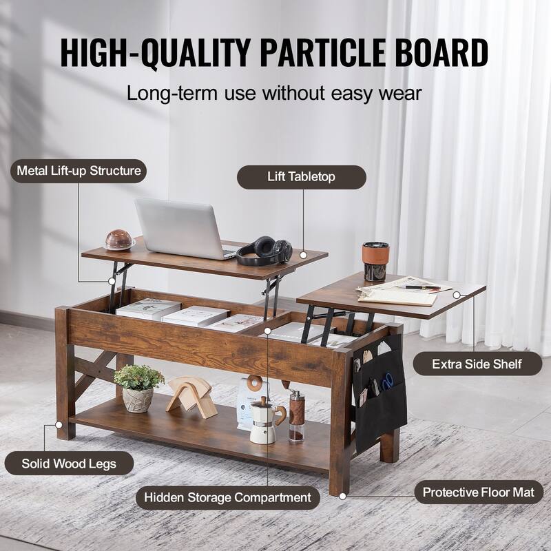 Lift Top Coffee Table, Rectangle Coffee Table with Extra Storage Pockets, Pop Up Coffee Table for Living Room