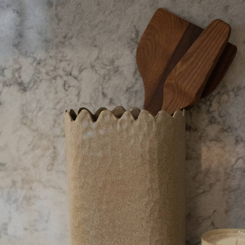 Textured Ceramic Vase with Wavy Edge - 7.75" - Beige