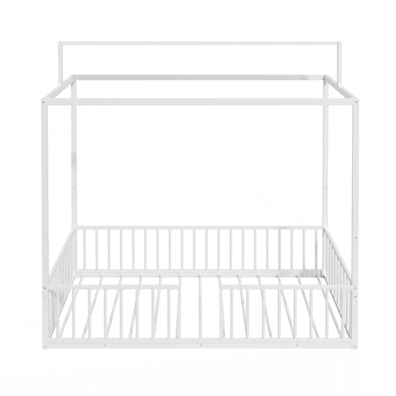 3-in-1 Convertible Montessori Metal floor bed,Fenced toddler bed with Sturdy Metal Slats Support