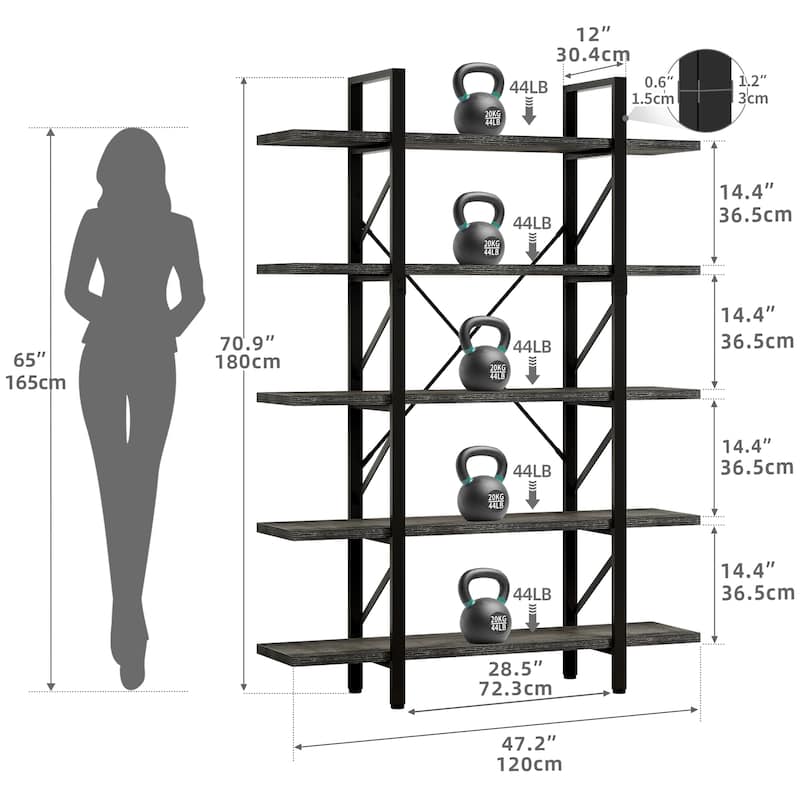 Moasis 5-Tier Bookshelf, Vintage Industrial Style Bookcase Display Shelves for Living Room