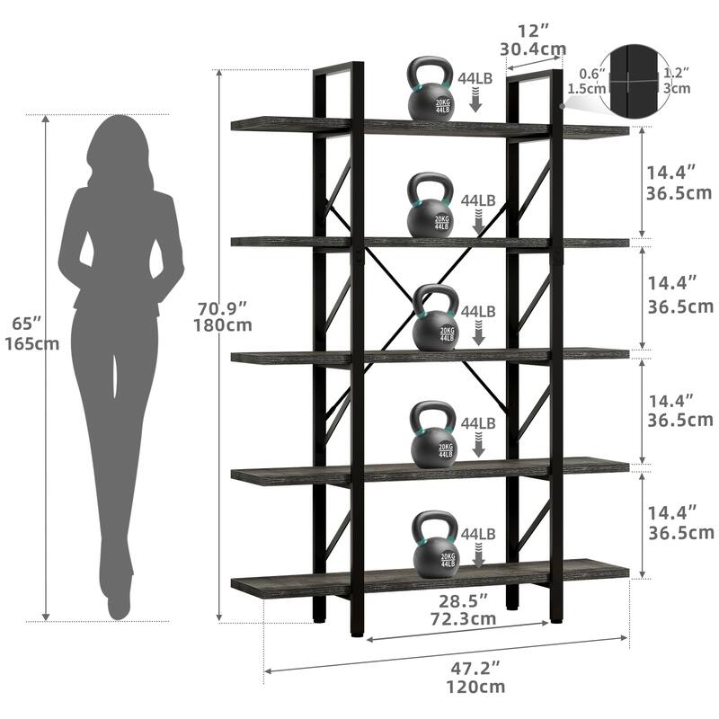 Moasis Industrial 5-Tier Bookshelf Vintage Large Bookcase Display Rack 5 Shelves for Living Room