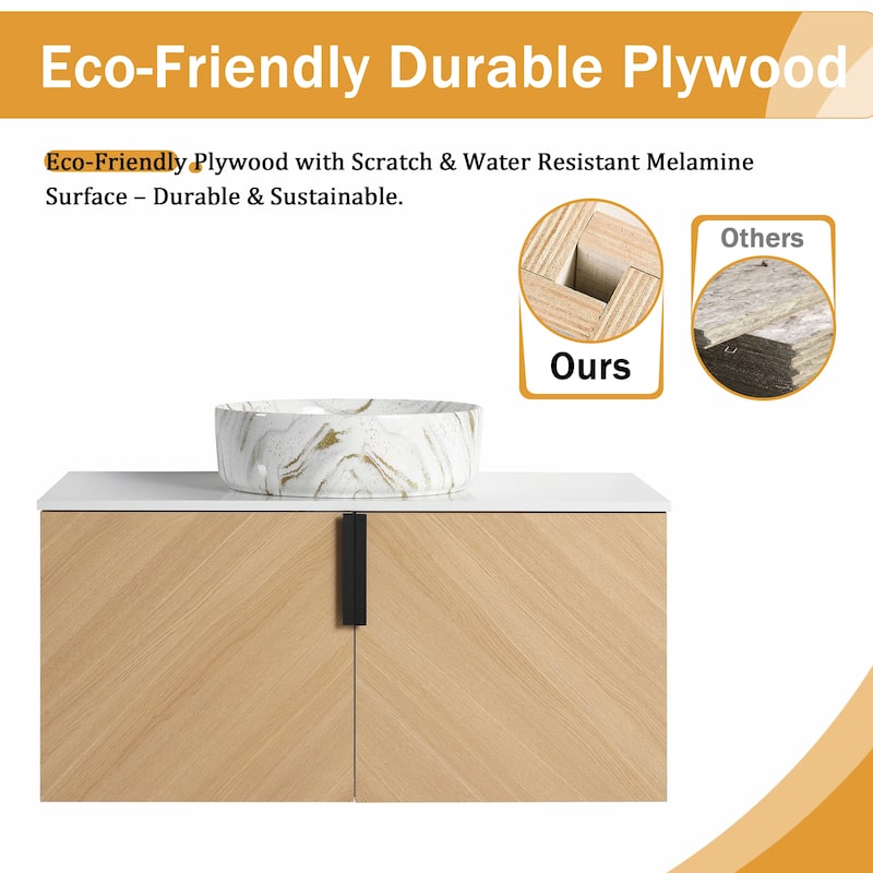 Malwee 30"/36" Floating Bathroom Vanity, Wall Mounted Bathroom Vanity with Ceramic Sink and Soft Close Door