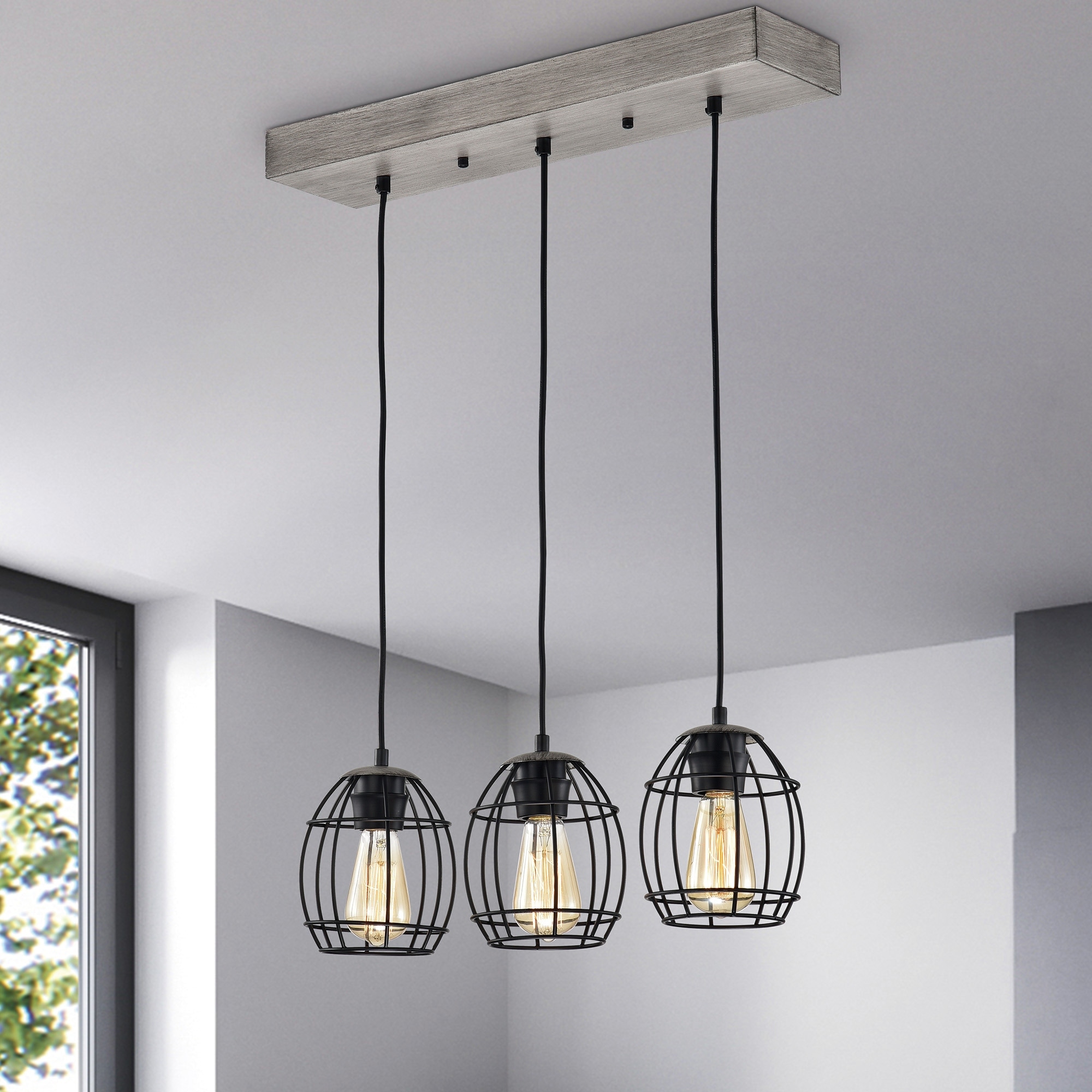 Wood and Black 3-Light Caged Kitchen Island Lighting
