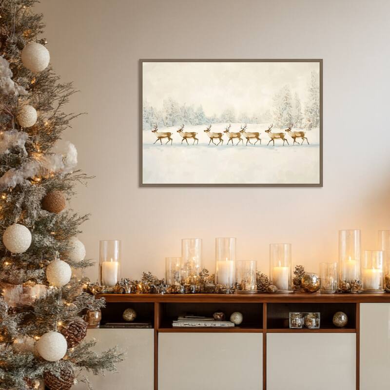 Winter Wonderland: Reindeer Procession by Melloi Art Prints Framed Canvas Wall Art Print - Sylvie Dark Gold
