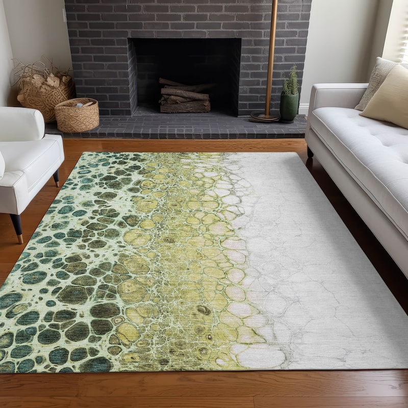 Machine Washable Indoor/ Outdoor Chantille Abstract Cobblestone Rug - Olive - 10' x 14'