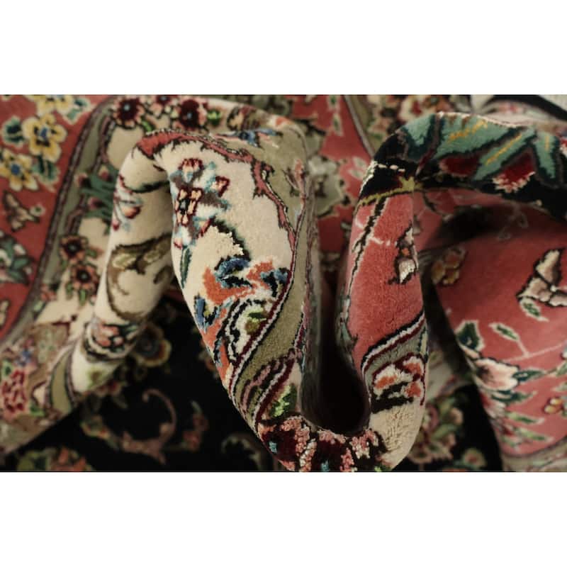 Hand Knotted Oriental Wool & Silk Carpet Traditional Floral Black Tabriz Area Rug - 11' 9'' X 9' 1''