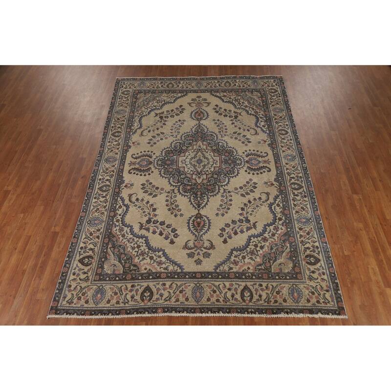 Tabriz Persian Vintage Rug Hand-Knotted Traditional Beige Wool Carpet - 7'8" x 11'2"