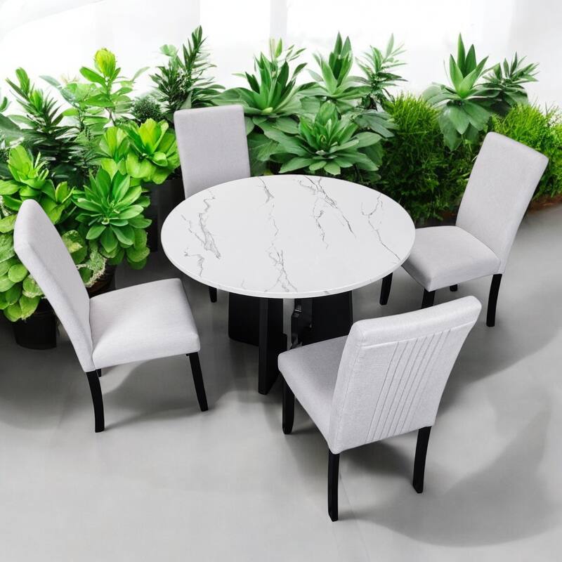 5-Piece Round Dining Table Set, 43-Inch MDF Table with 4 Upholstered Chairs for Kitchen, Dining Room, Living Room