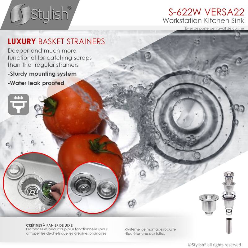 STYLISH 22 inches Workstation Single Bowl Undermount 16 Gauge Stainless Steel Kitchen Sink with Built in Accessories Handmade