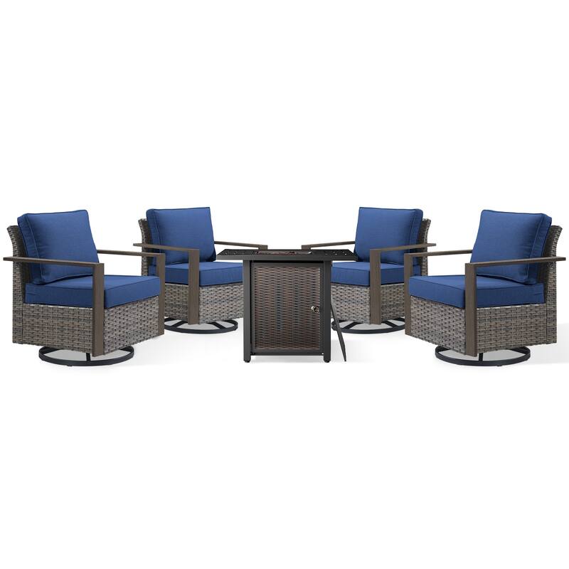 Meyreso 5-Piece Wicker Swivel Glider Metal Fire Pit Set with Plush 4.5" Olefin Cushions