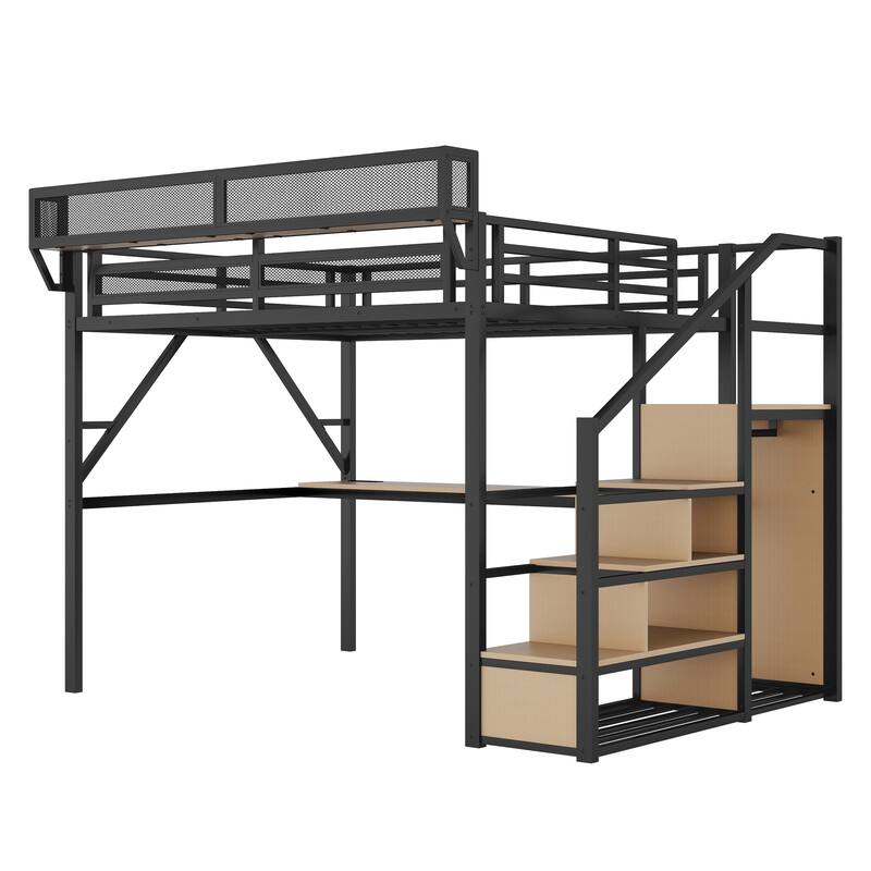 Queen Loft Bed with Desk and Charging Station, Queen Size Metal Loft Bed with Stairs and Light for Kids Teens