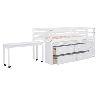 Twin Low Loft Bed with Rolling Portable Desk & Shelves, Wood Loft Bed Frame with 4 Drawers for Kids & Teens, Boys, Girls White