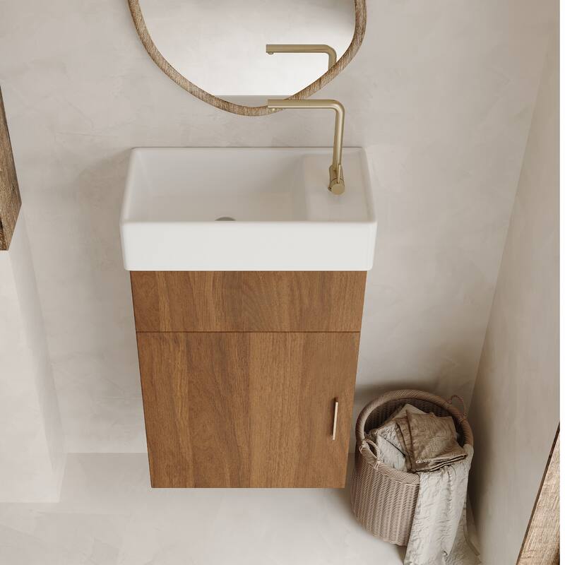 GDFStudio - Modern Compact 16.5" Floating Wall-Mounted Bathroom Vanity with Intergrated Ceramic Basin & Soft-Close Door