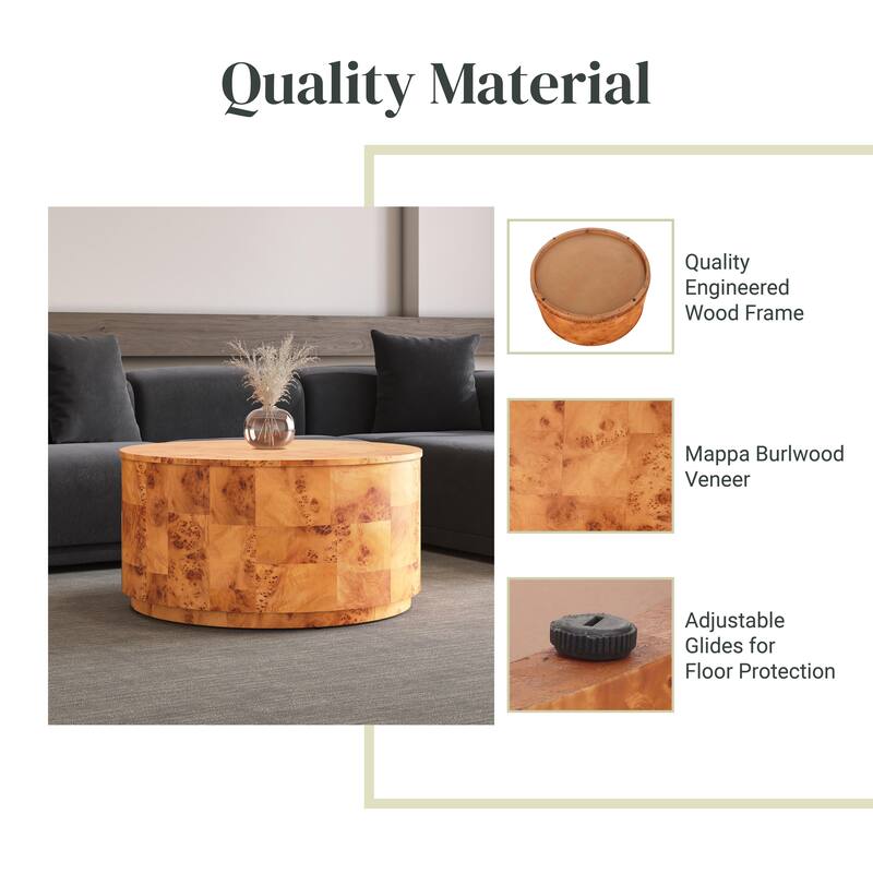 NPD Furniture Arsenio Burl Wood Round Coffee Table or Side/End Table